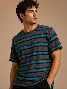 Point Zero Gray Blue Striped V-Neck Tee Men’s Medium Casual Shirt